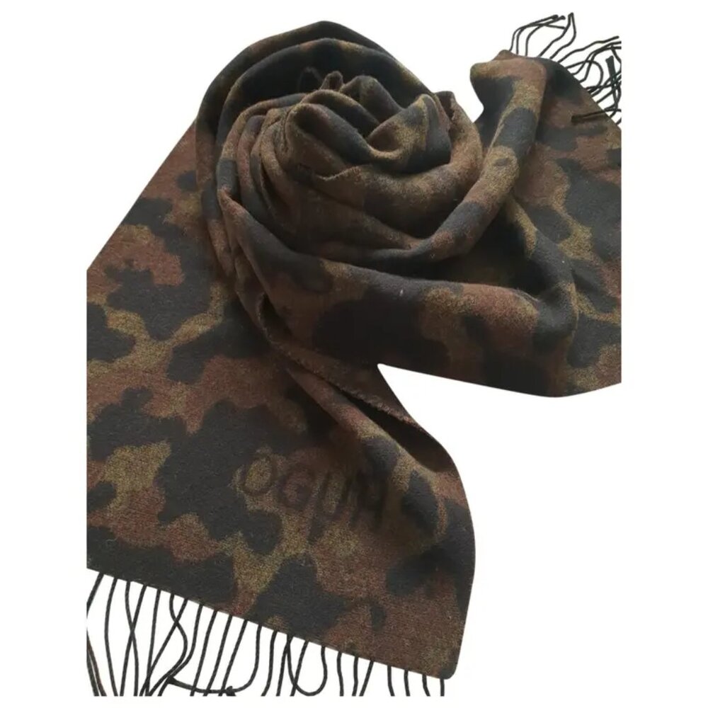 New HUGO BOSS Men Wool Camouflage Scarf Large Brown Black